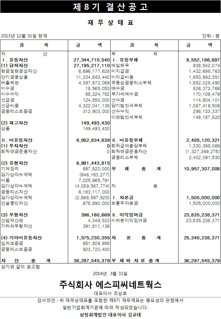 제 8기 결산공고 재무상태표 이미지