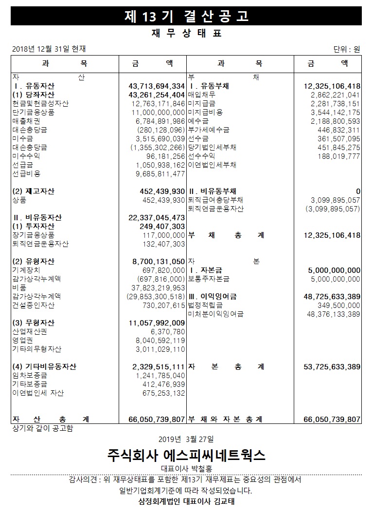 제 13기 결산공고 재무상태표 이미지