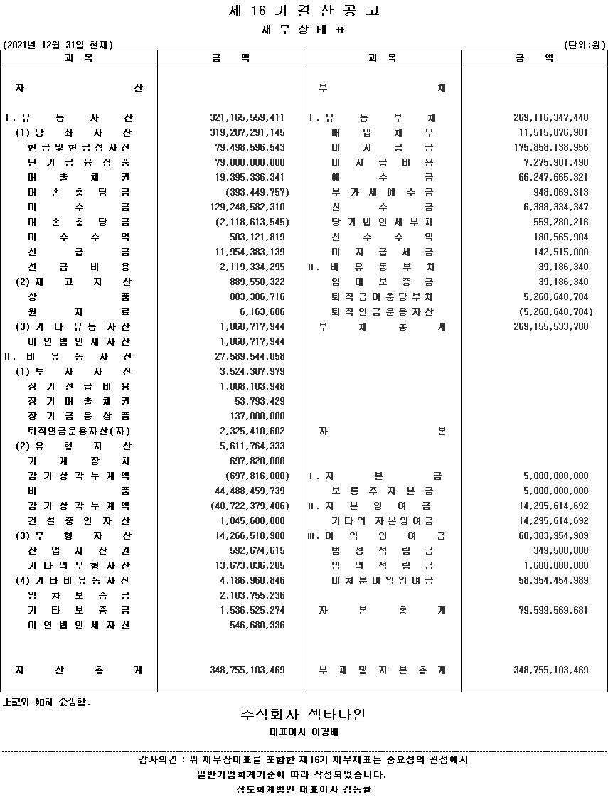 제 16기 결산공고 재무상태표 이미지